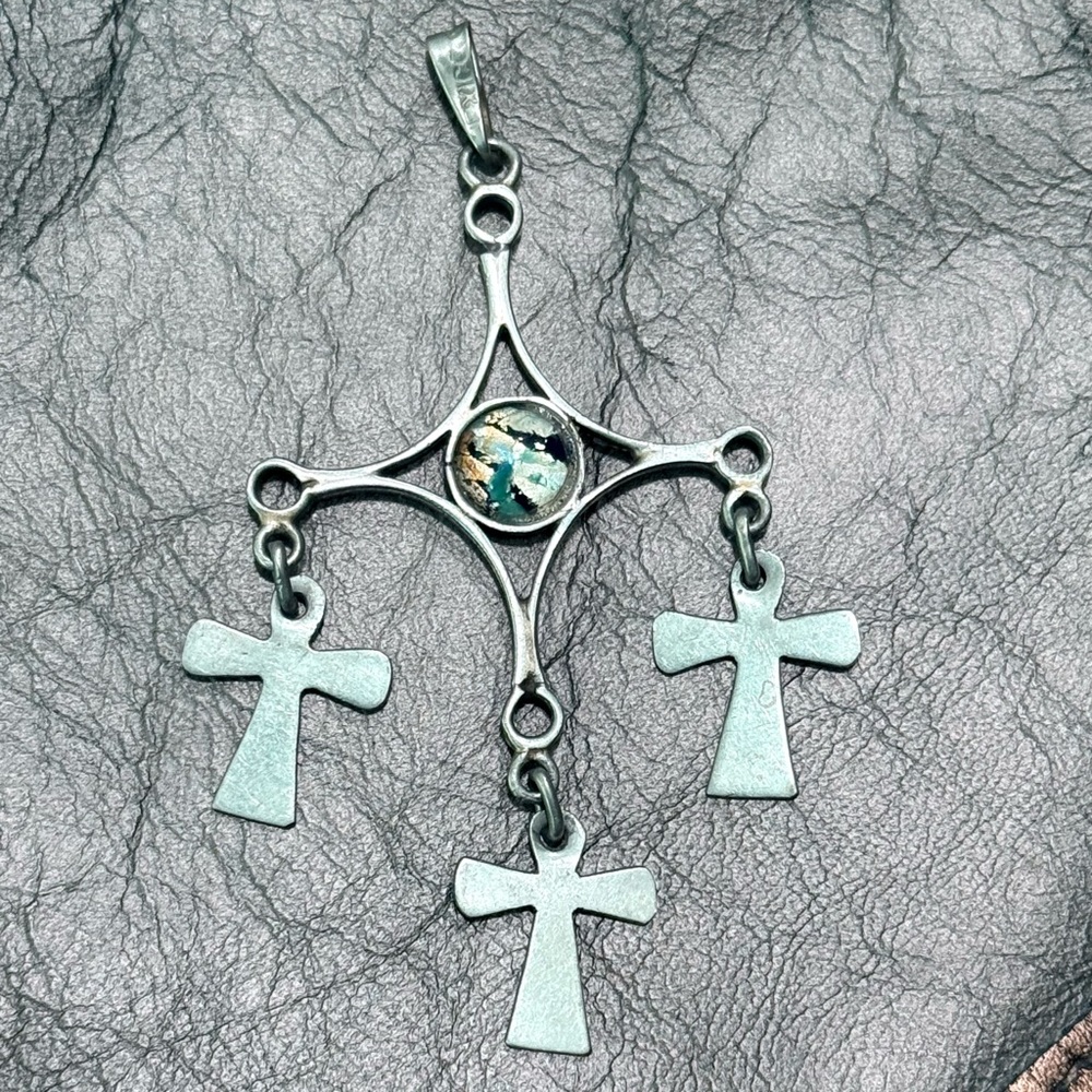 Mexican Alpaca Silver Cross Pendant Dichroic Glass Artisan Folk‎ Art Vintage